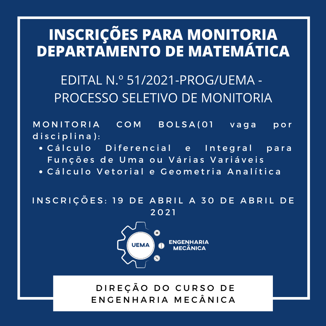 Inscrições para vagas de monitoria do Departamento de Matemática