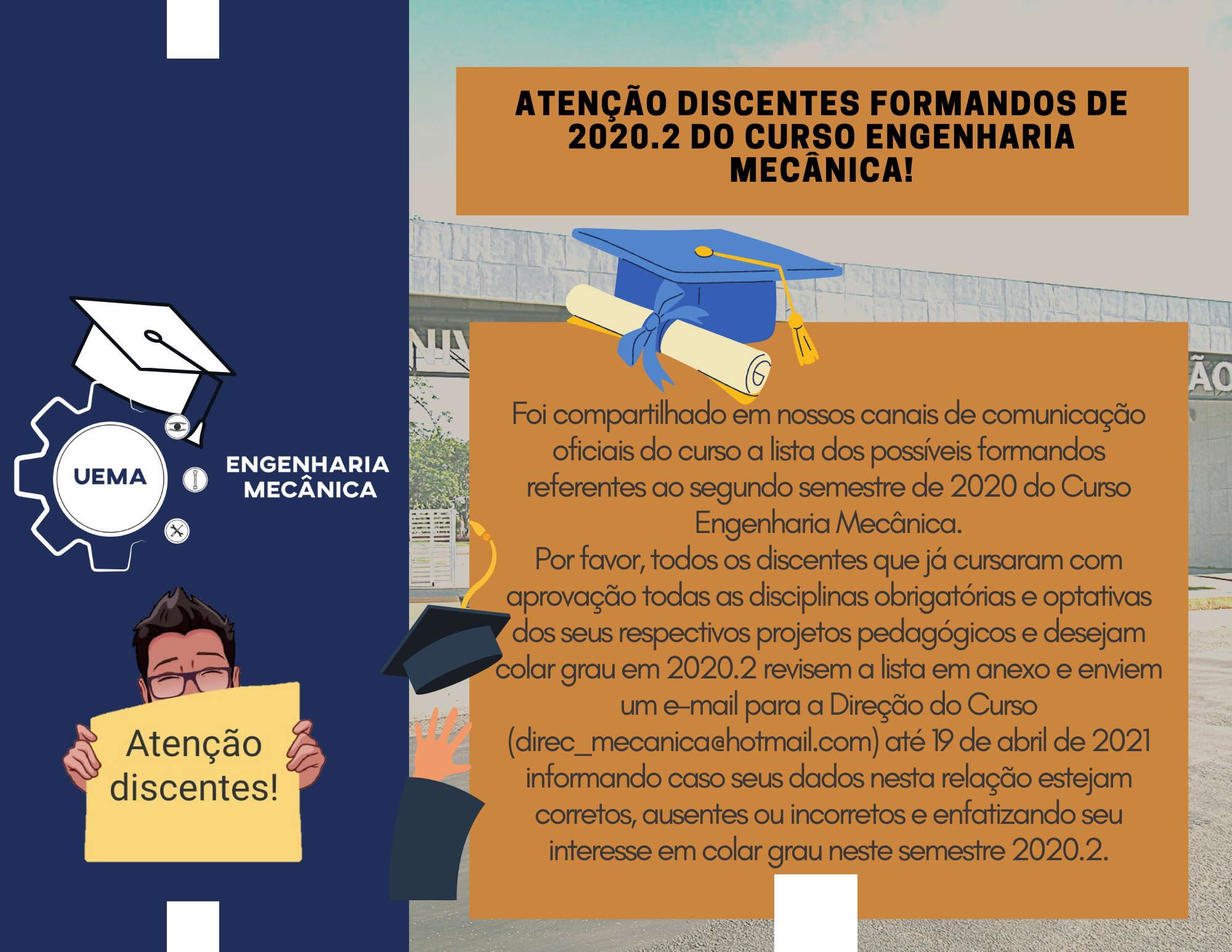 Mensagem para os discentes formandos de 2020.2 do Curso de Engenharia Mecânica