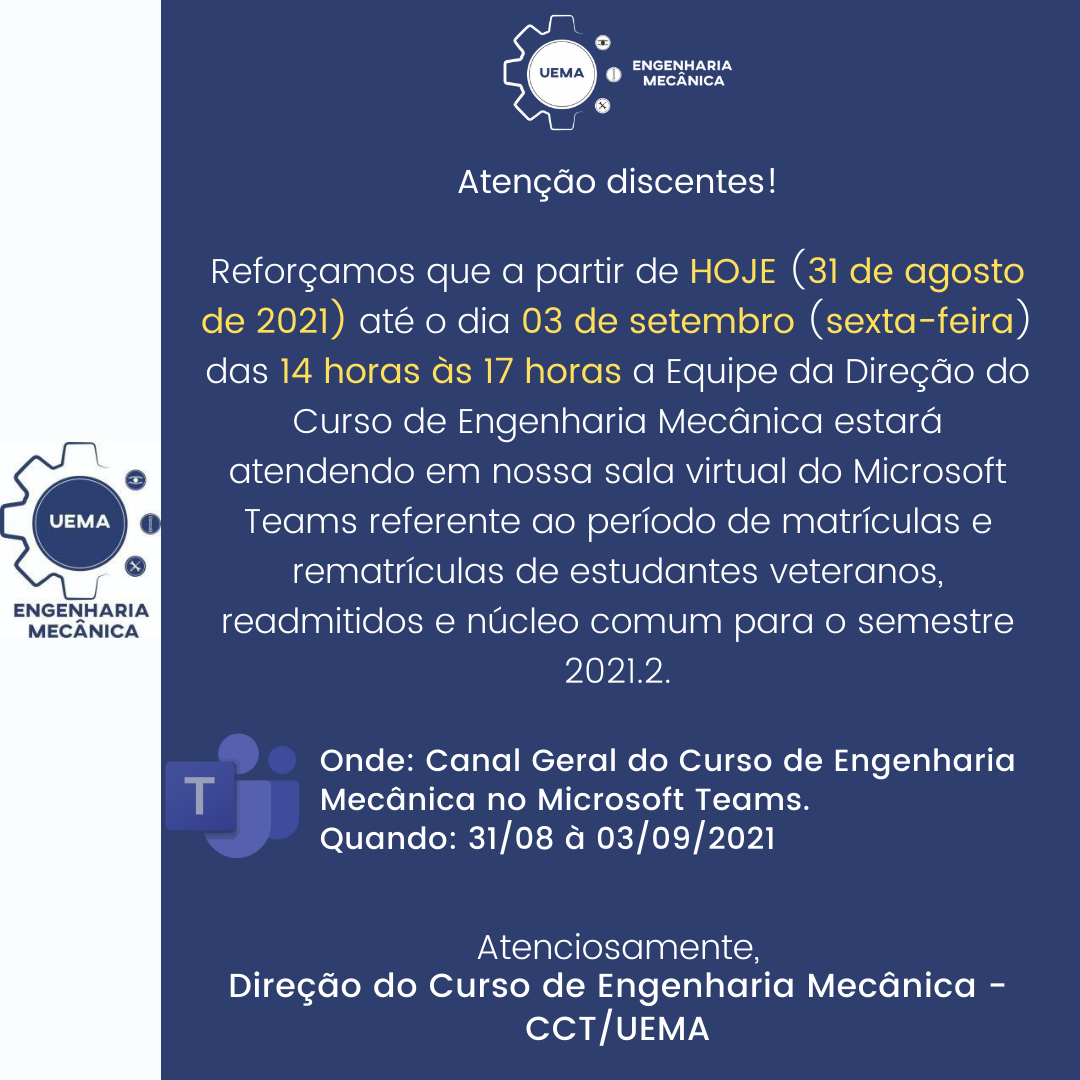 Nota Informativa: atendimento remoto para matrículas e rematrículas no canal do curso no Microsoft Teams
