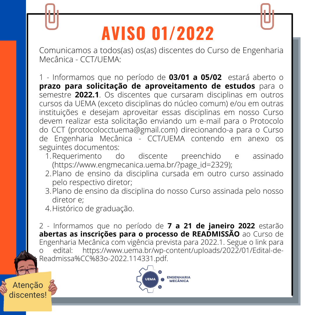 Inscrições abertas para aproveitamento de estudos 2022.1 e para o processo de READMISSÃO 2022.1