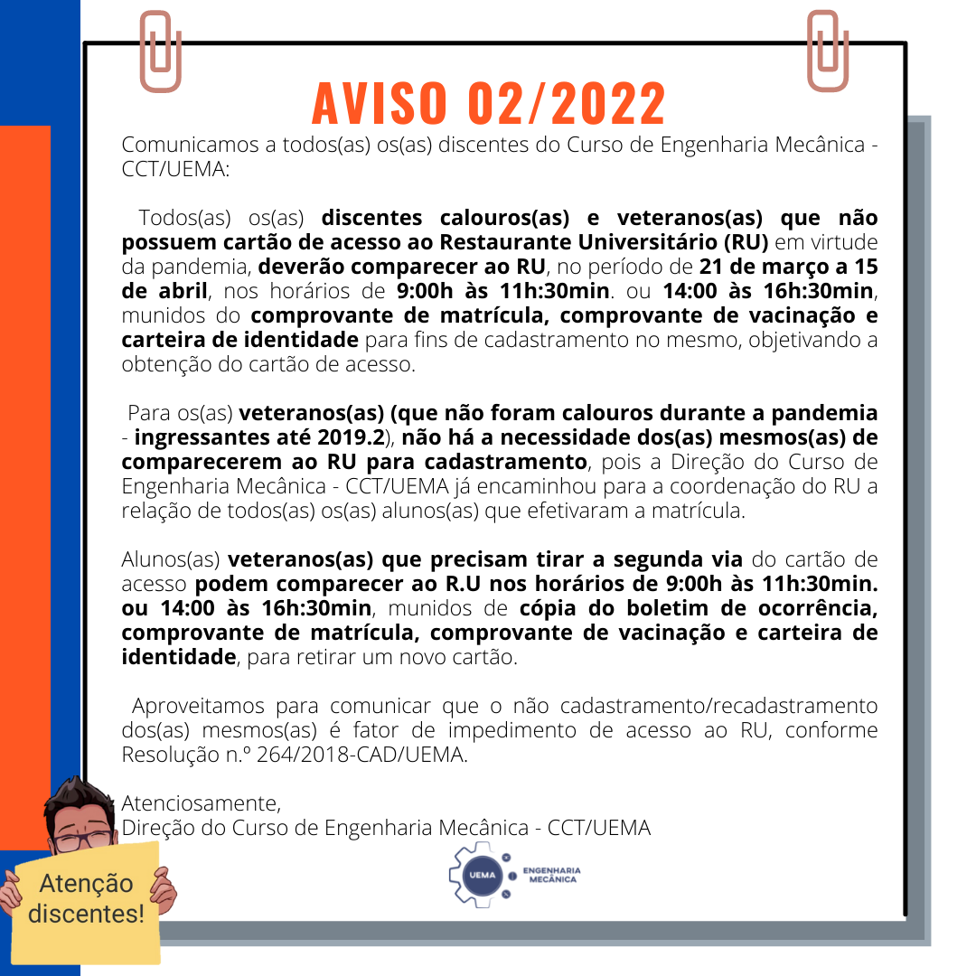 CADASTRAMENTO E/OU RECADASTRAMENTO DOS ESTUDANTES NO RU