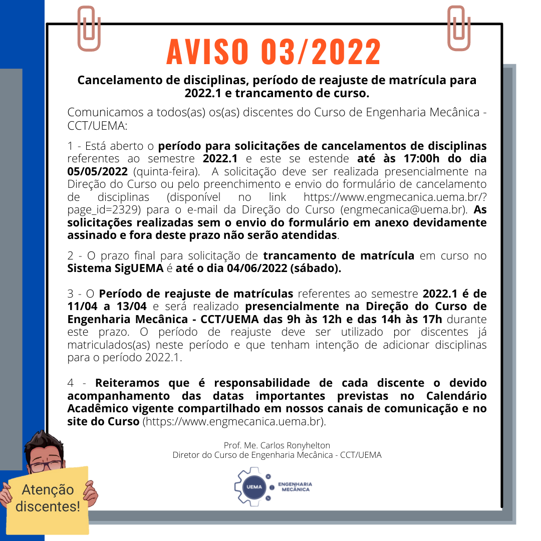 Cancelamento de disciplinas, período de reajuste de matrícula e trancamento de curso