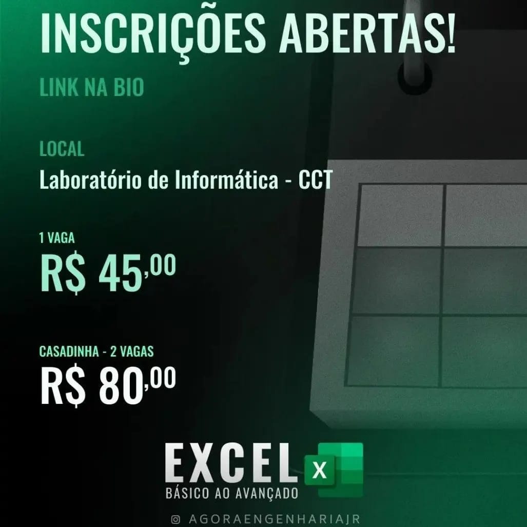 Inscrições abertas para o curso de Excel da Ágora Engenharia Jr