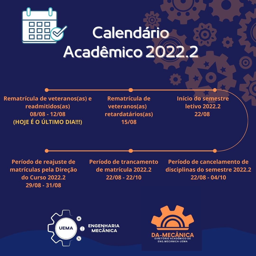 Atenção discentes!!!! HOJE(12/08/2022) é o último dia de rematrículas/matrículas para o semestre 2022.2