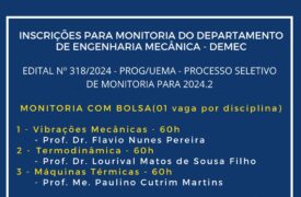 Inscrições abertas para o processo seletivo de Monitoria relativo ao semestre 2024.2