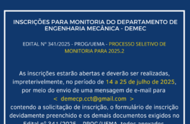 Inscrições para o processo de seleção de monitoria relativo ao semestre 2025.2